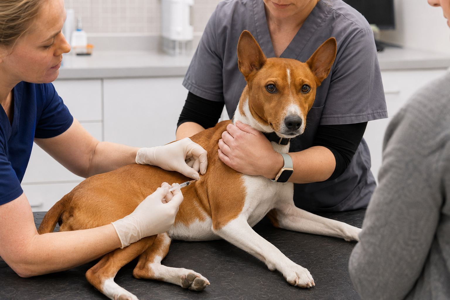 Veterinářka odebírá tenkou jehlou vzorek z bulky psa